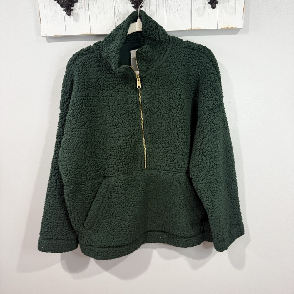 Aerie Dream Sherpa Green Quarter Zip Pullover Sweatshirt Size M